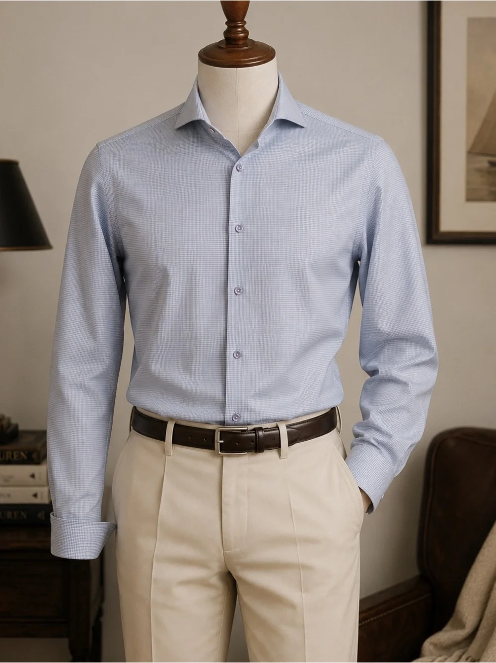 Eton Men's Slim-Fit Blue Micro Check Dobby Dress Shirt Size 14.5 | 37 LS Cotton